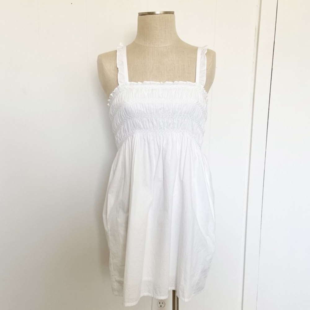 French Connection White Smocked Mini Dress w/ Pockets Organic Cotton Size 0